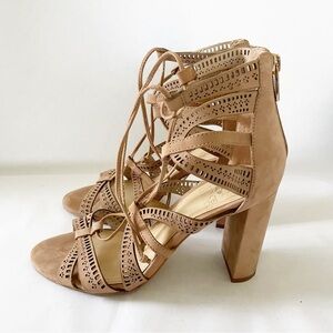 Vince Camuto Mindie Lace-Up Heel Sandal Amendoa Nubuck Size 6.5